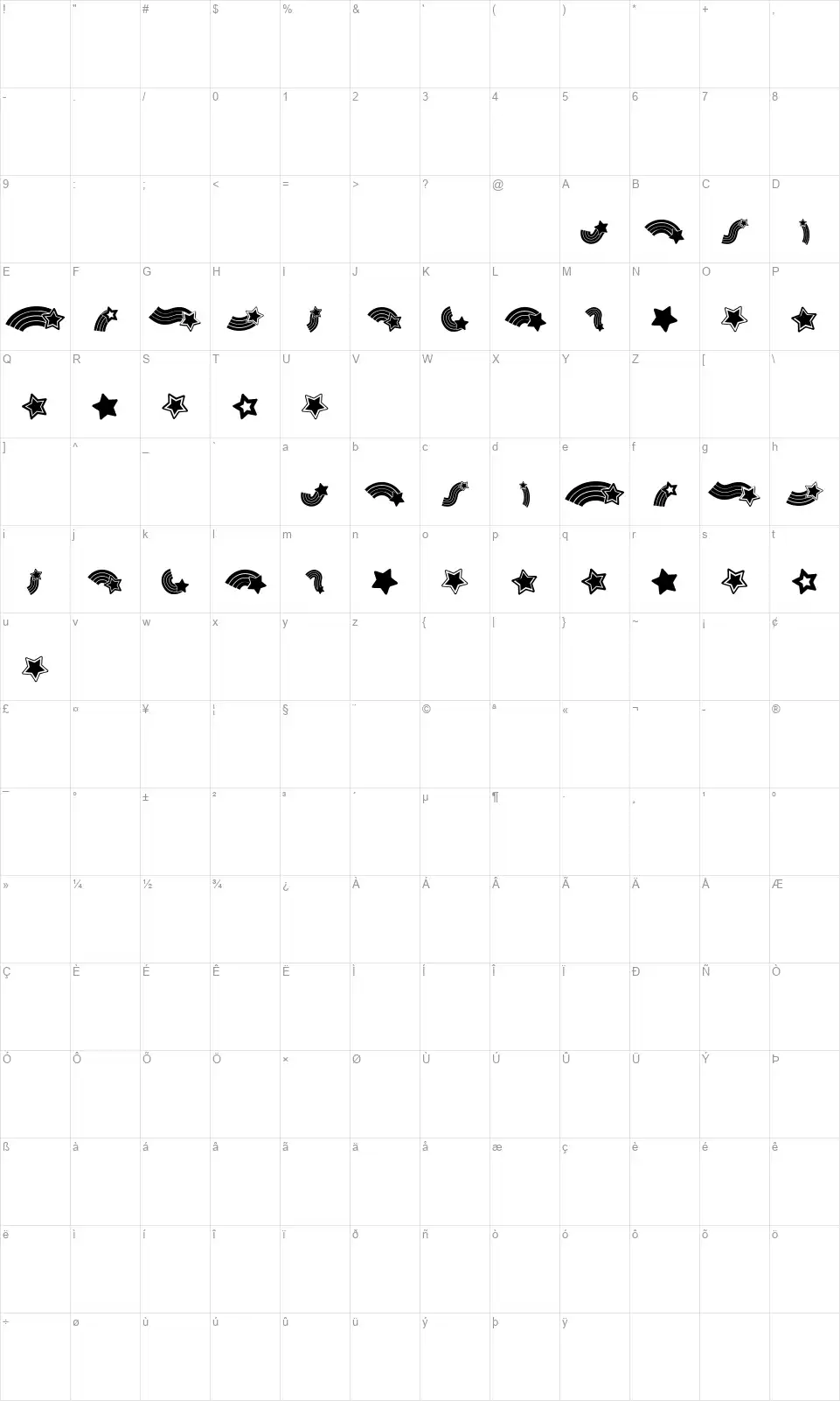Rainbow Starsfont character map