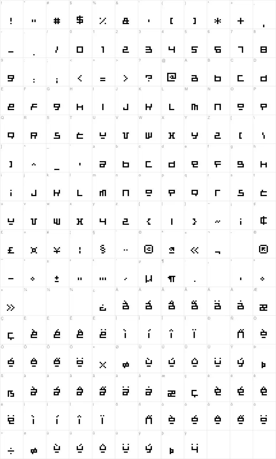 Raumsondefont character map