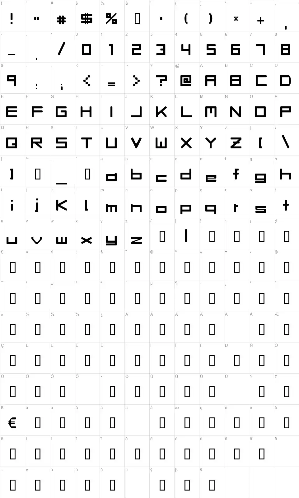 Ravefont character map