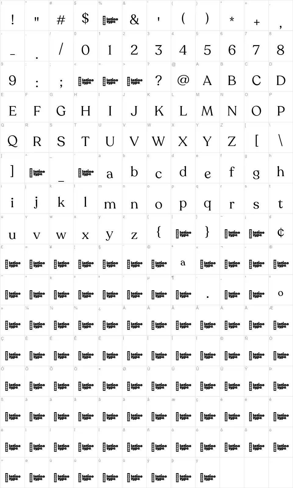 Recoletafont character map