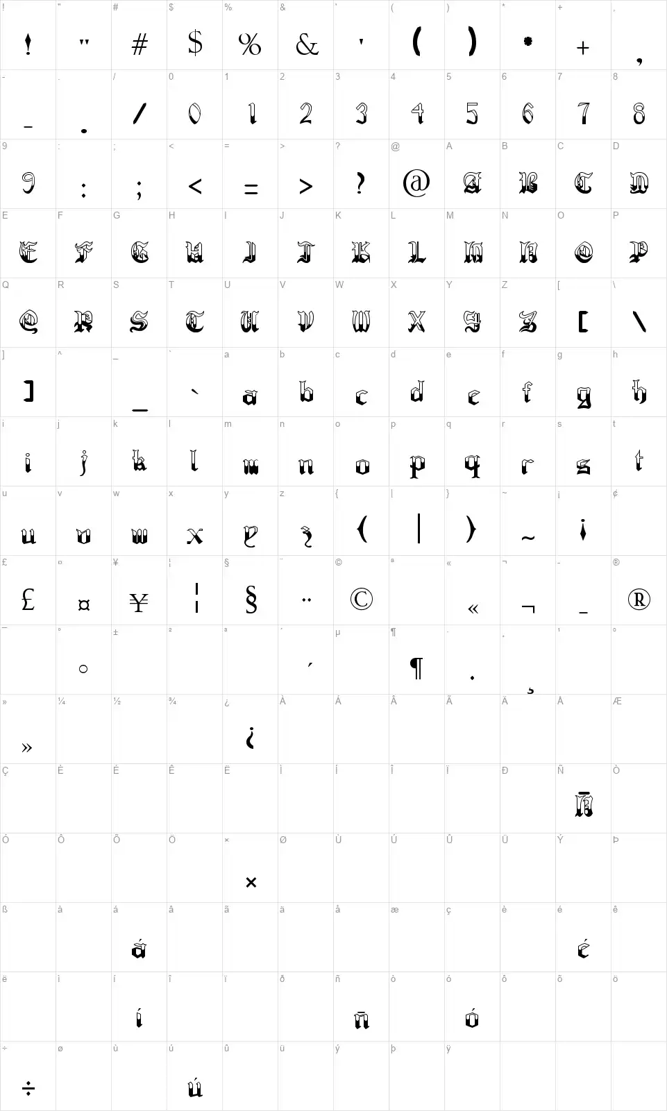 Regothicfont character map