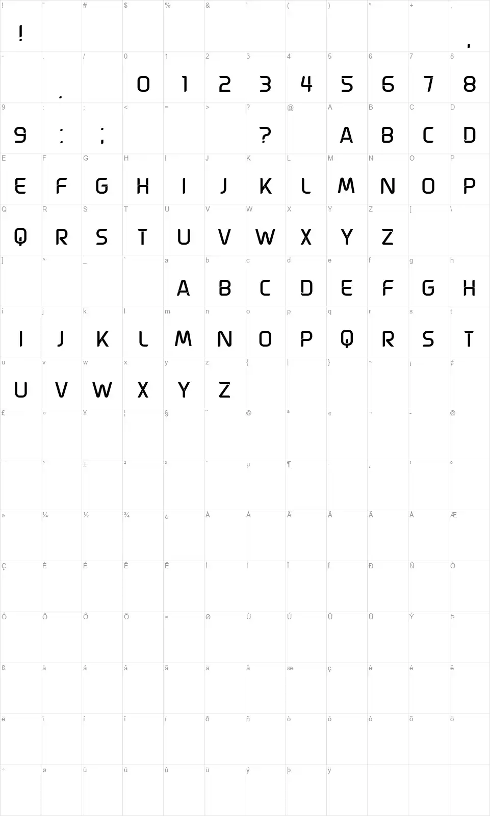 Revealedfont character map