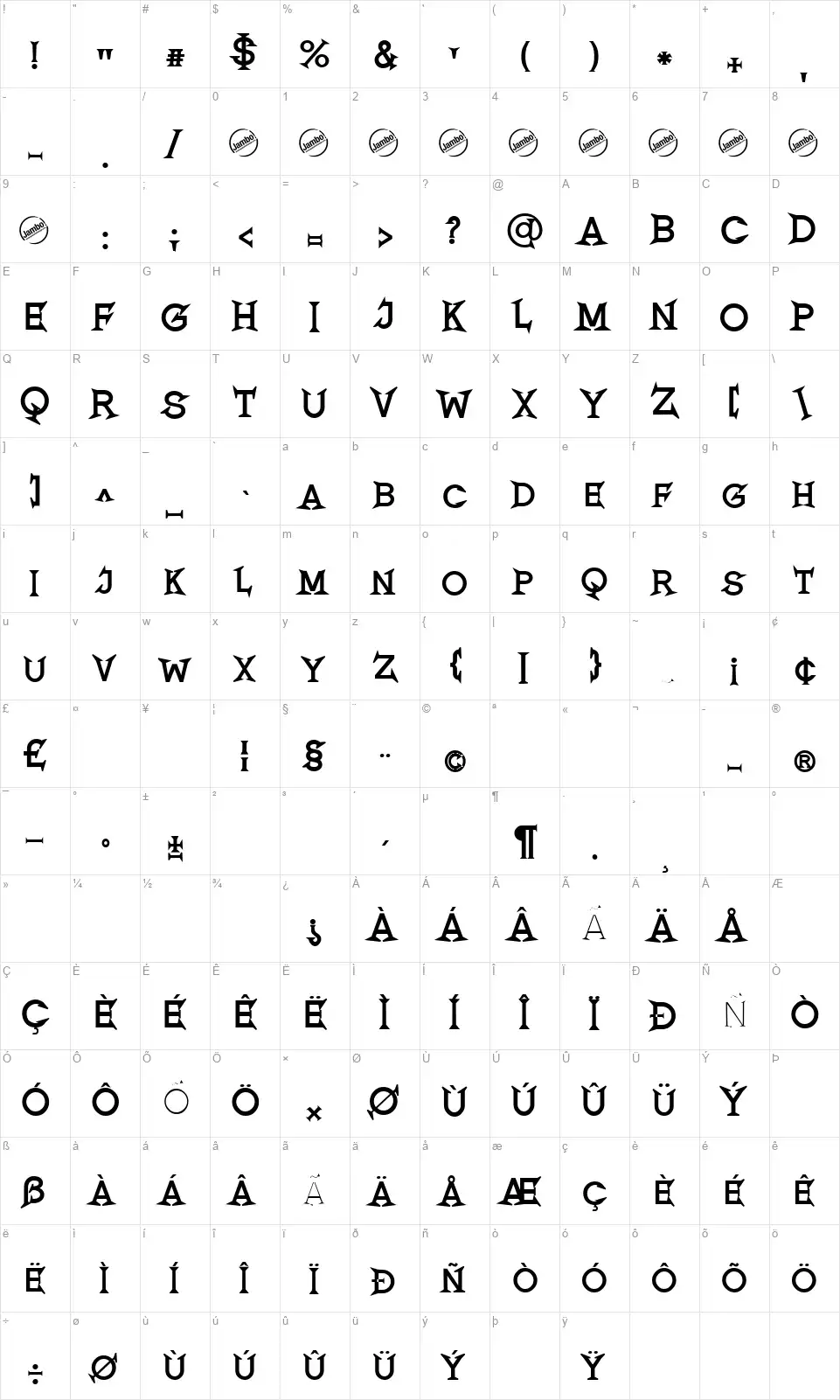 Romanicumfont character map