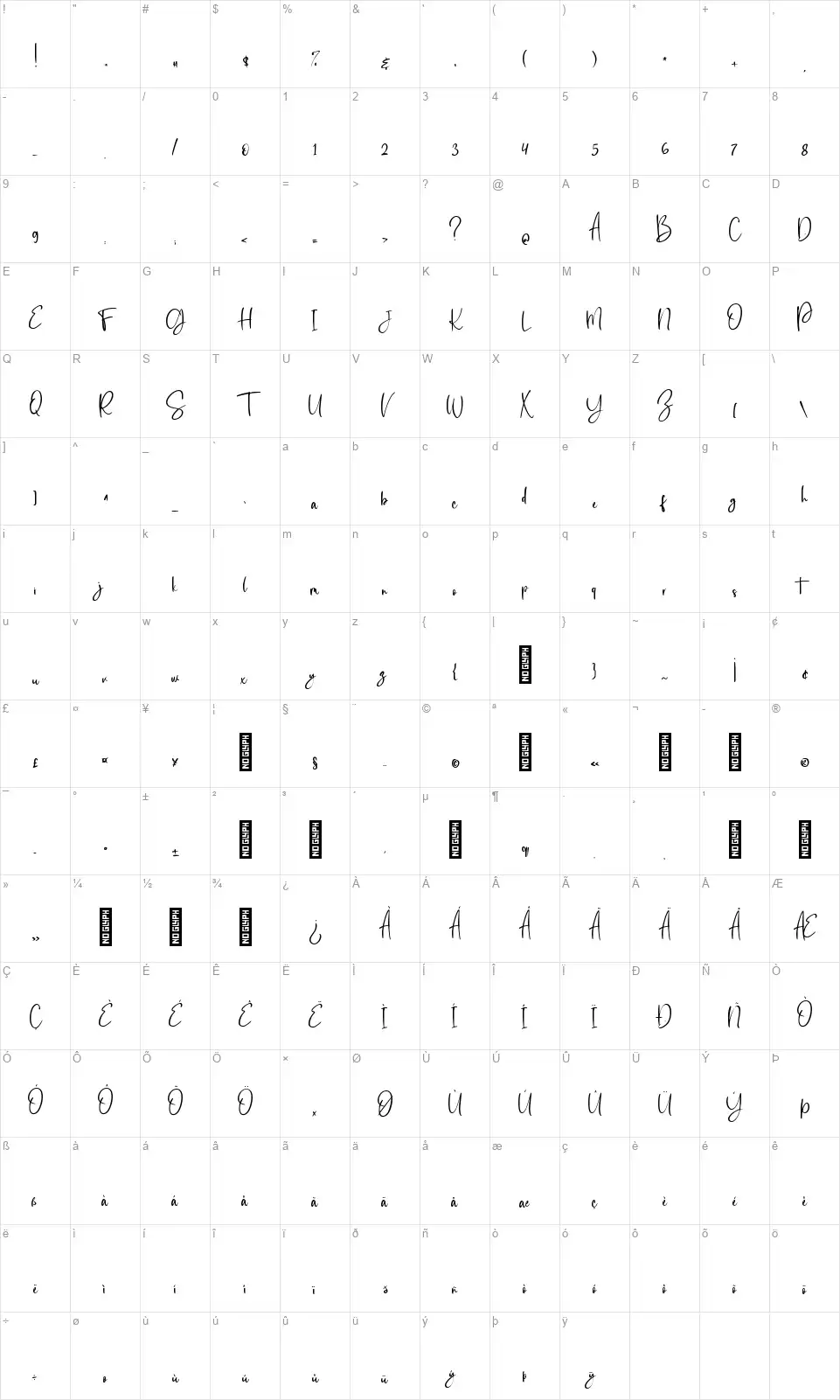 Romantic Collectionfont character map