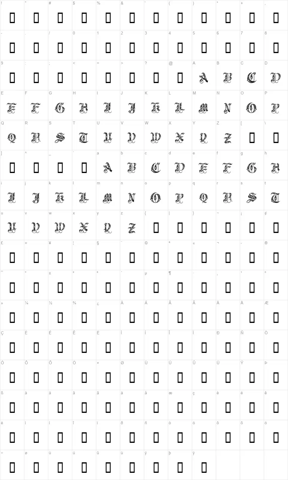 Royal Initialenfont character map