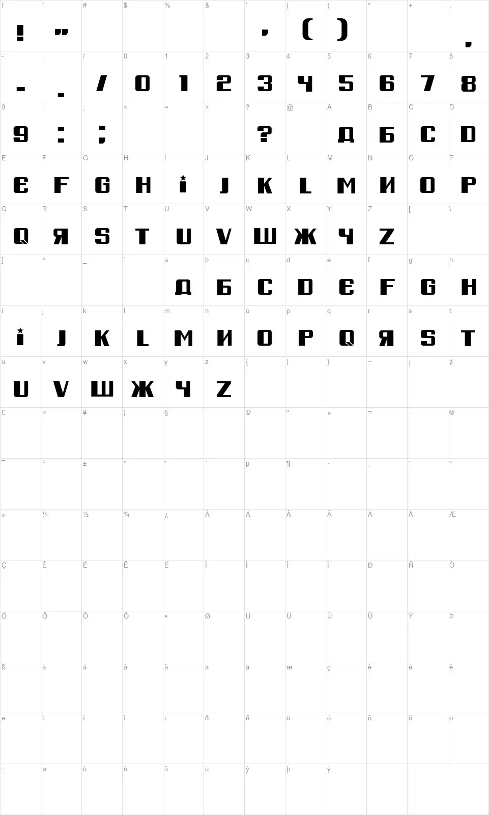 Russian Springfont character map