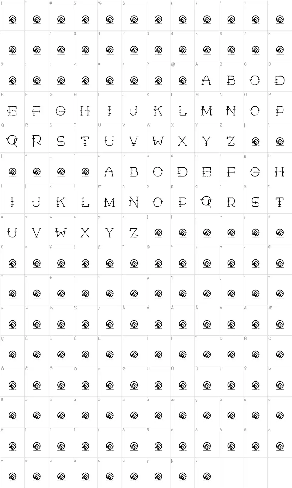 Rustic Manfont character map