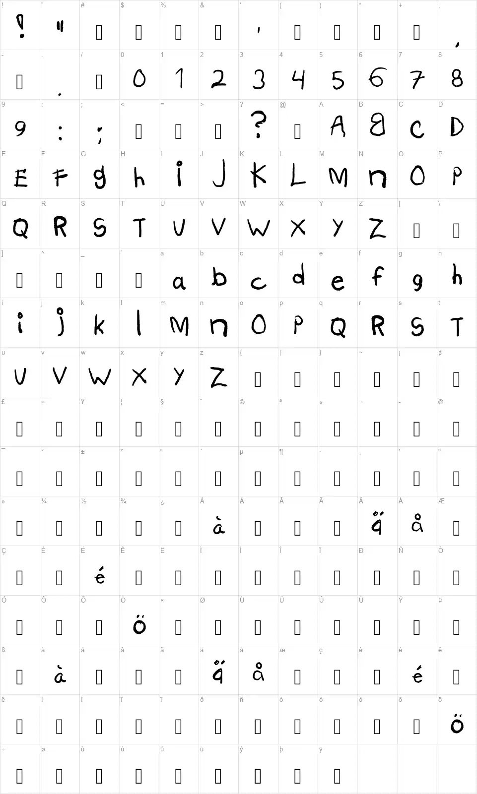 Sade Kidsfont character map