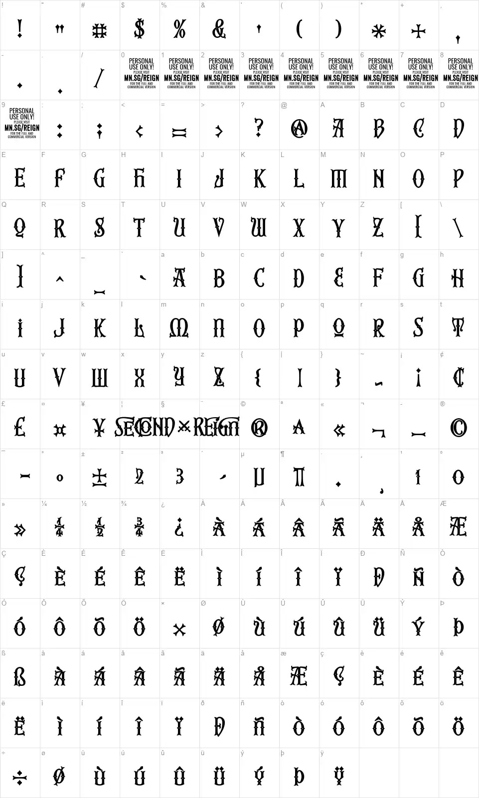 Second Reignfont character map