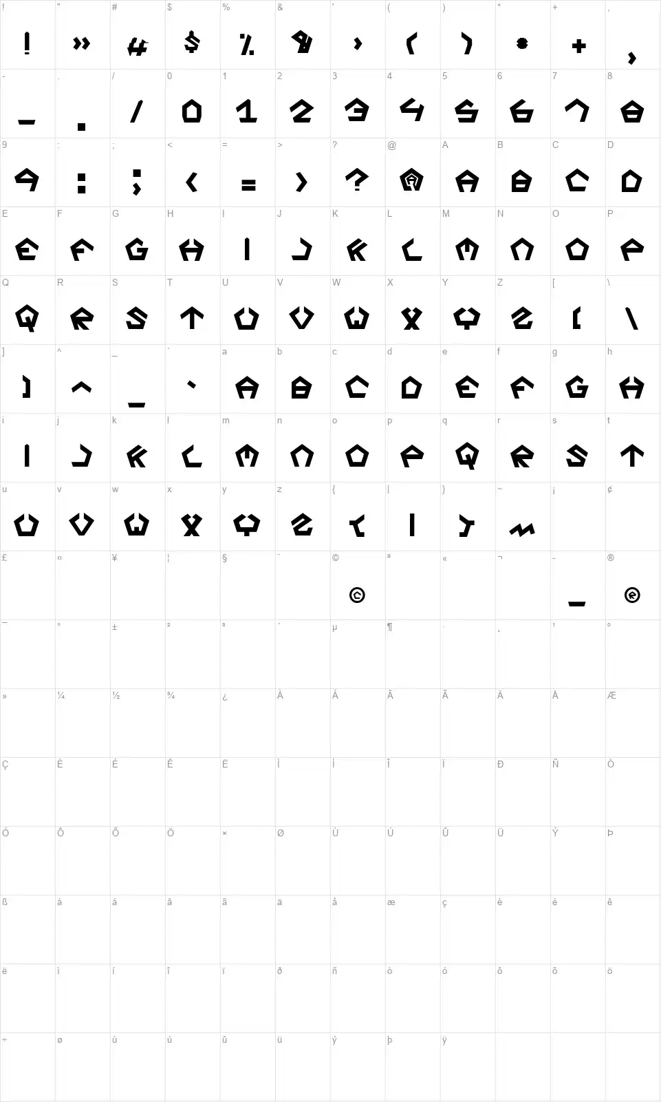 Segazfont character map