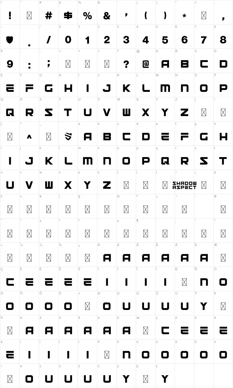 Shadow Aspectfont character map