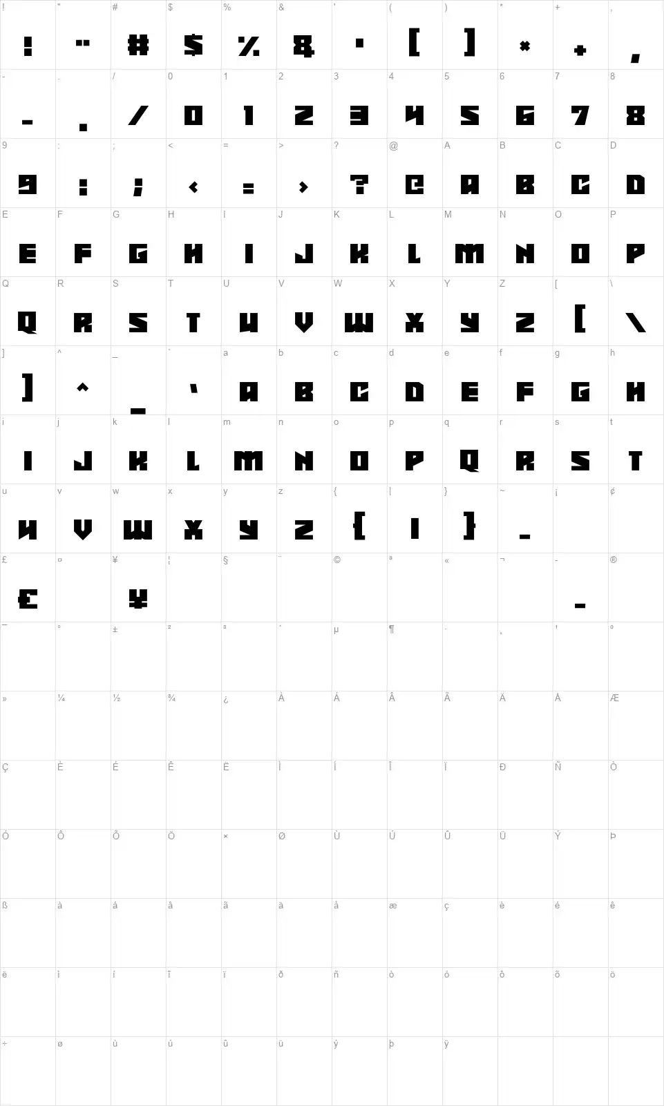Shadowkingzfont character map