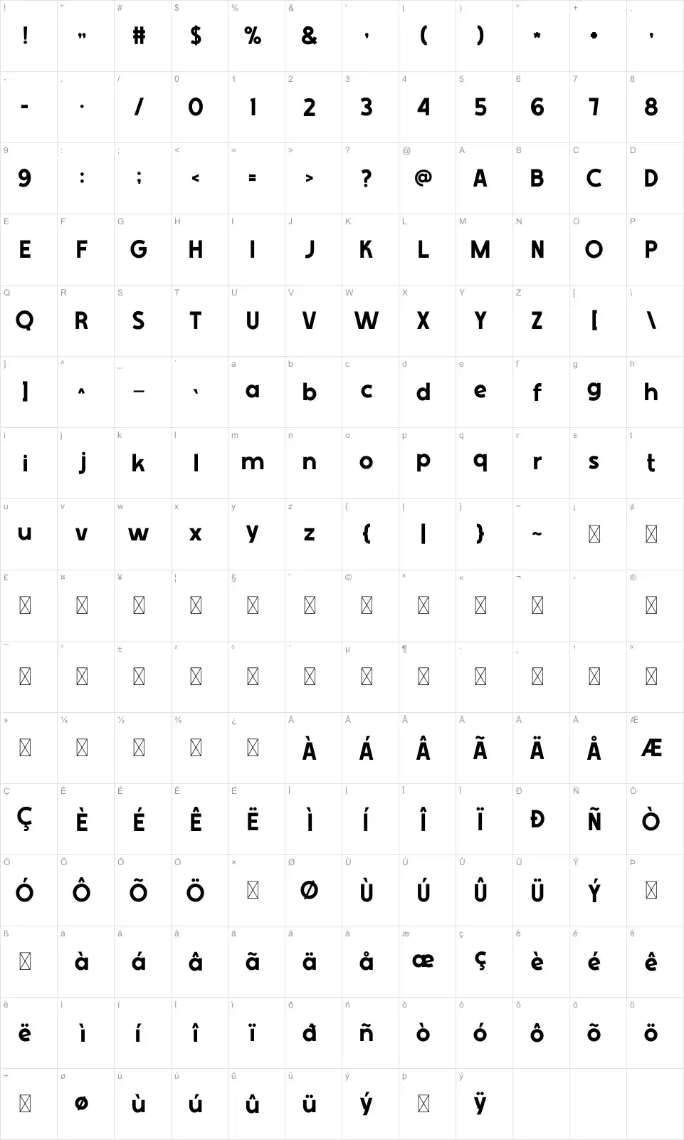 Shick Карта Shickfont character map