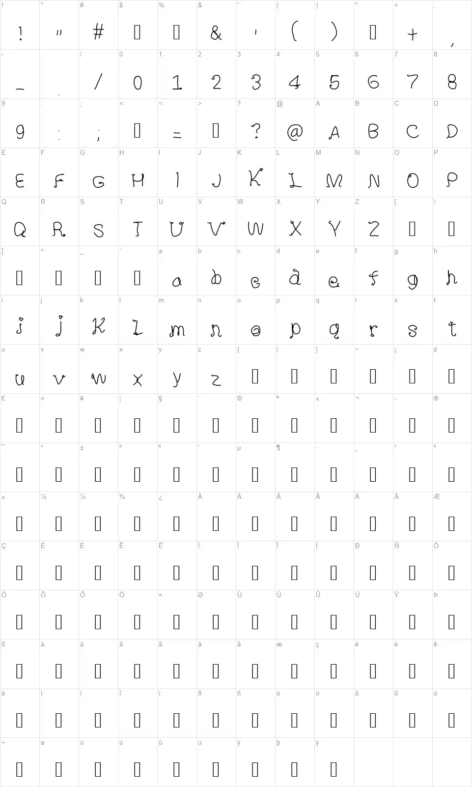 Shine Star Curls MSfont character map