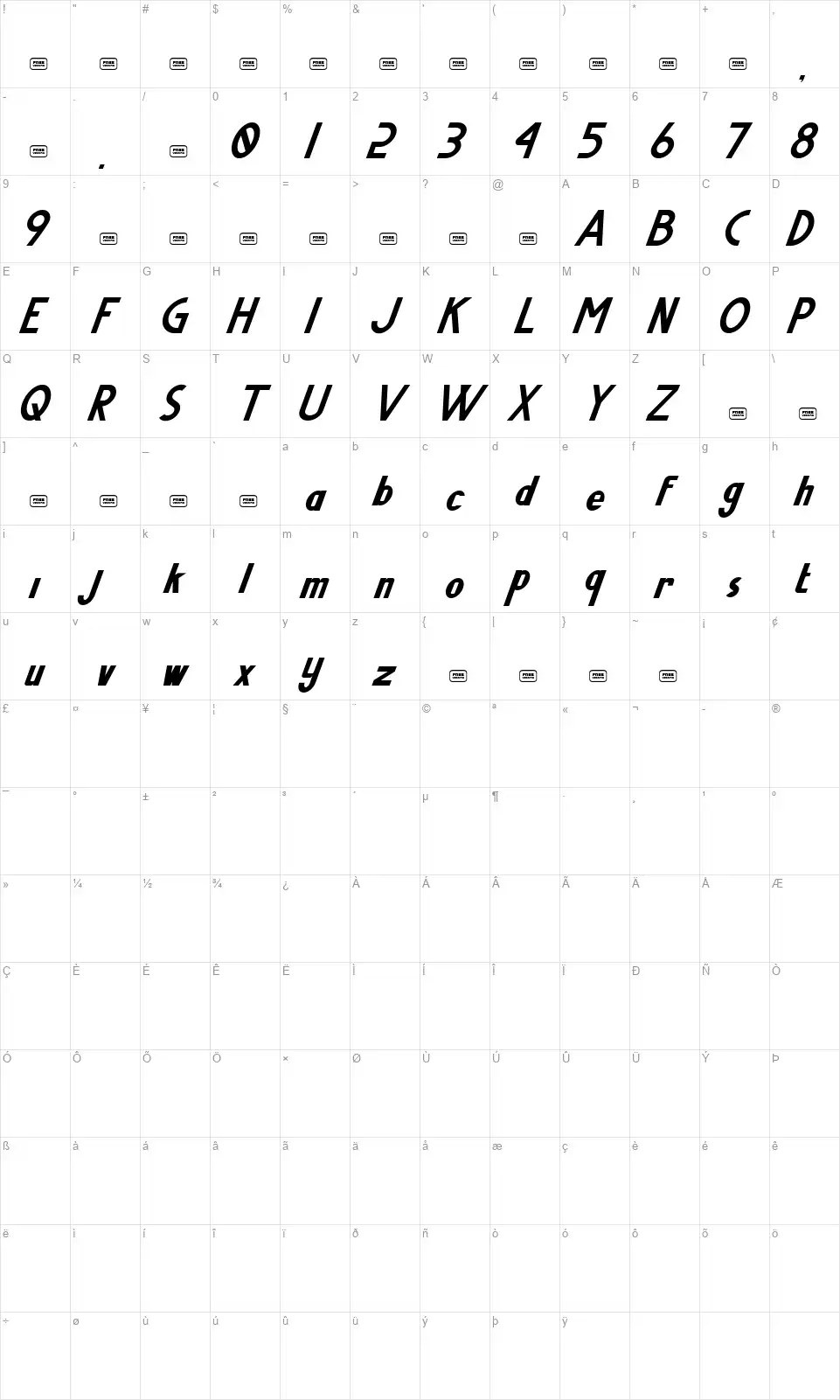 Shutter Speedfont character map