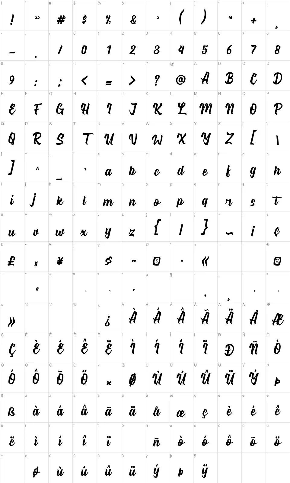 Signatypefont character map