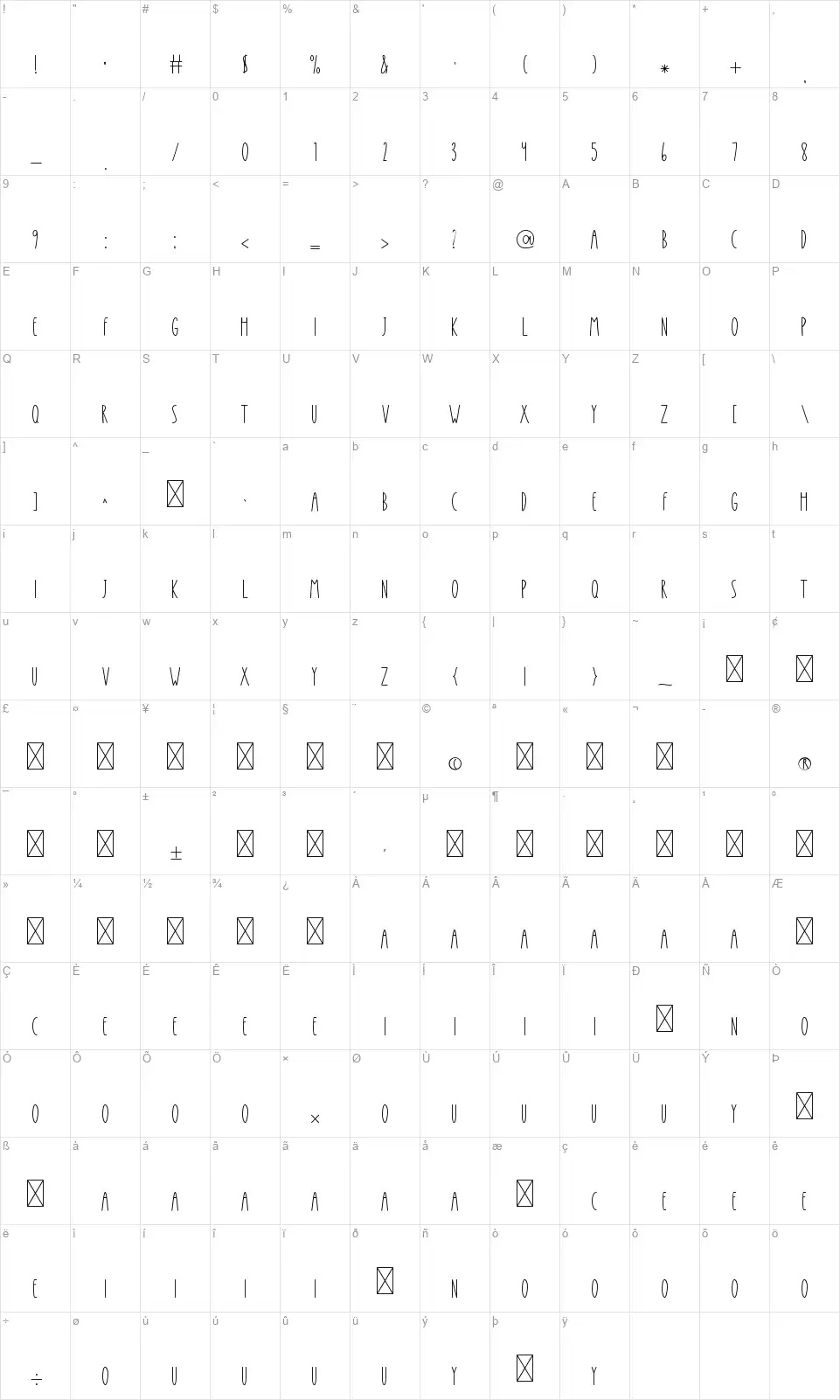 Simplicity Displayfont character map