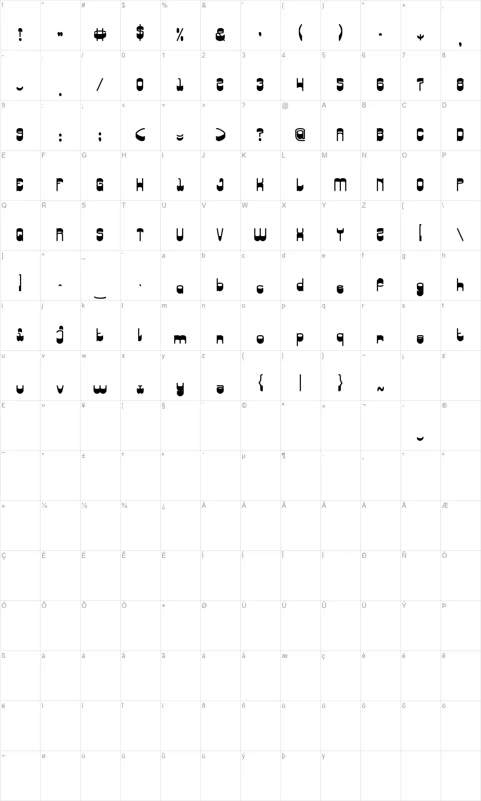 Singing Birdfont character map