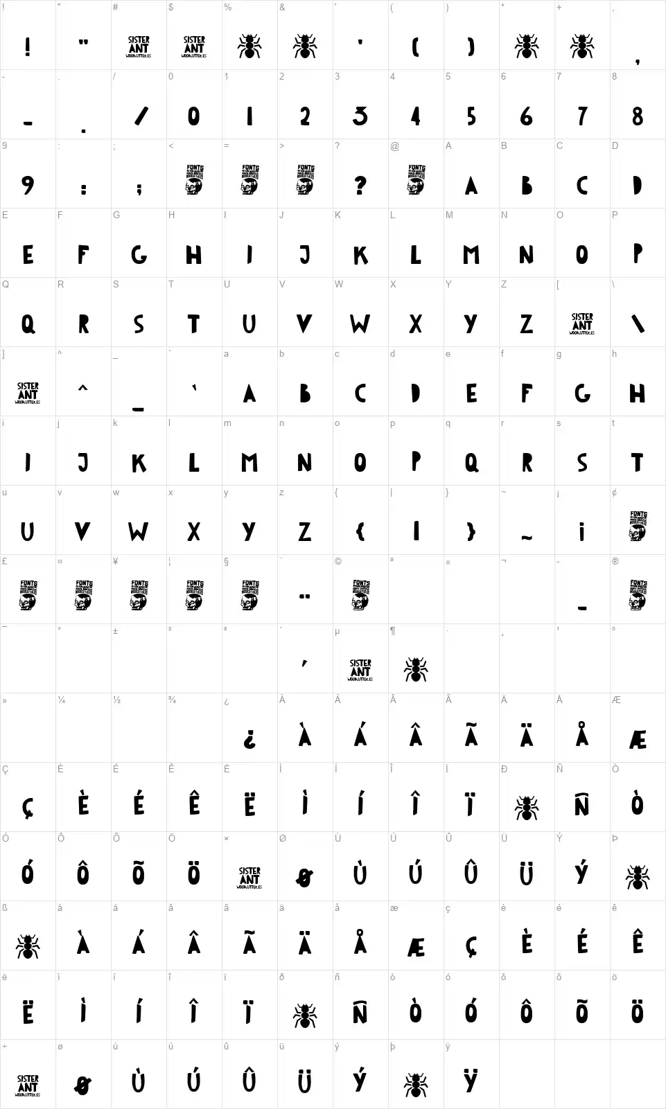 Sister Antfont character map