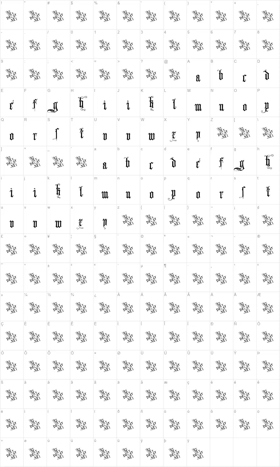 Skjend Hans Gotiskfont character map