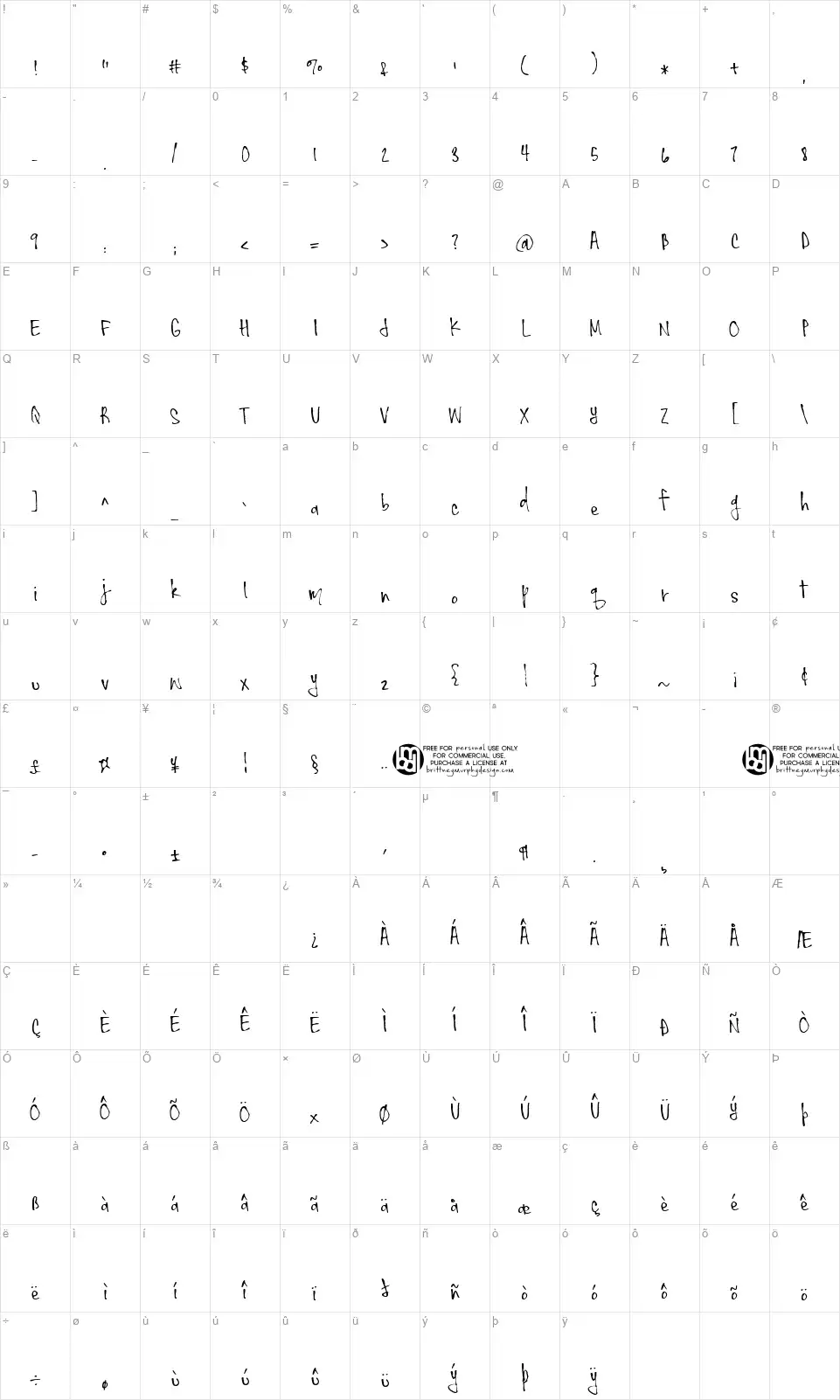 Skydancerfont character map