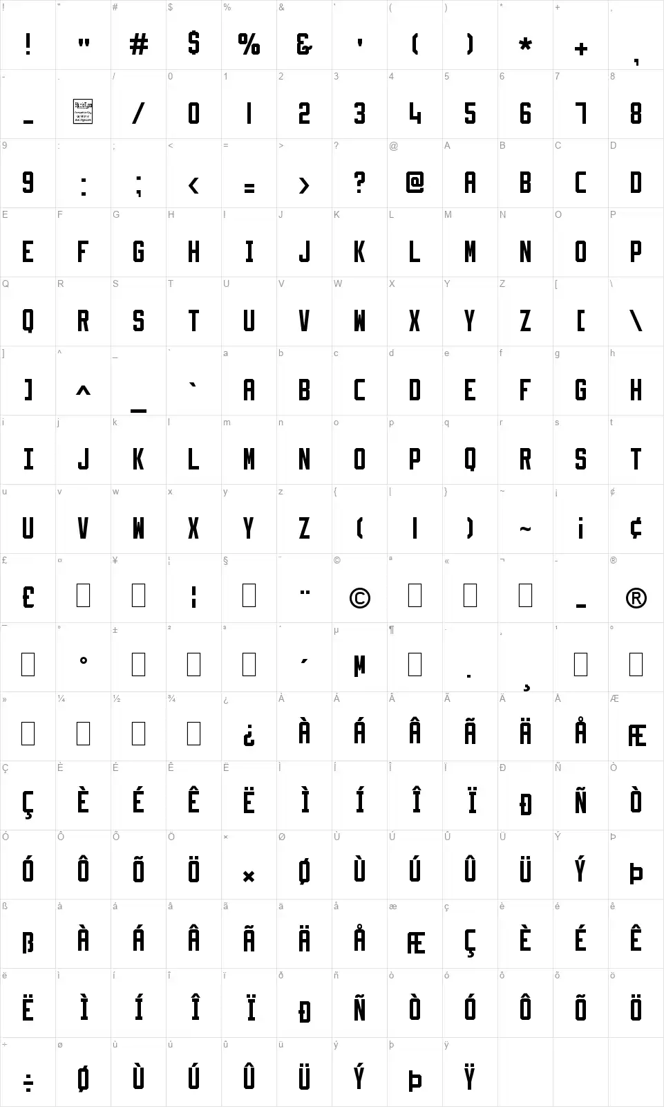 SlimFitfont character map