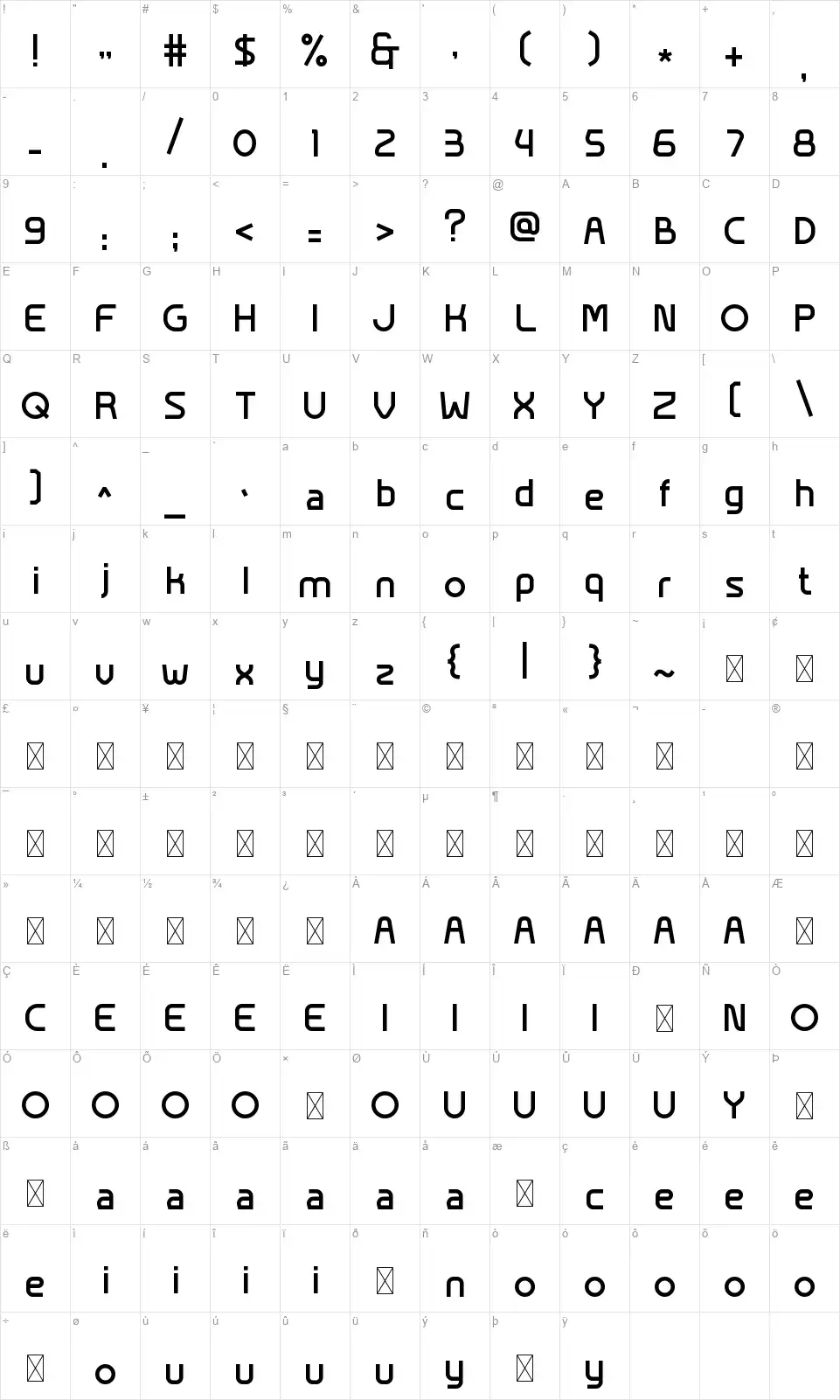 Slizingfont character map