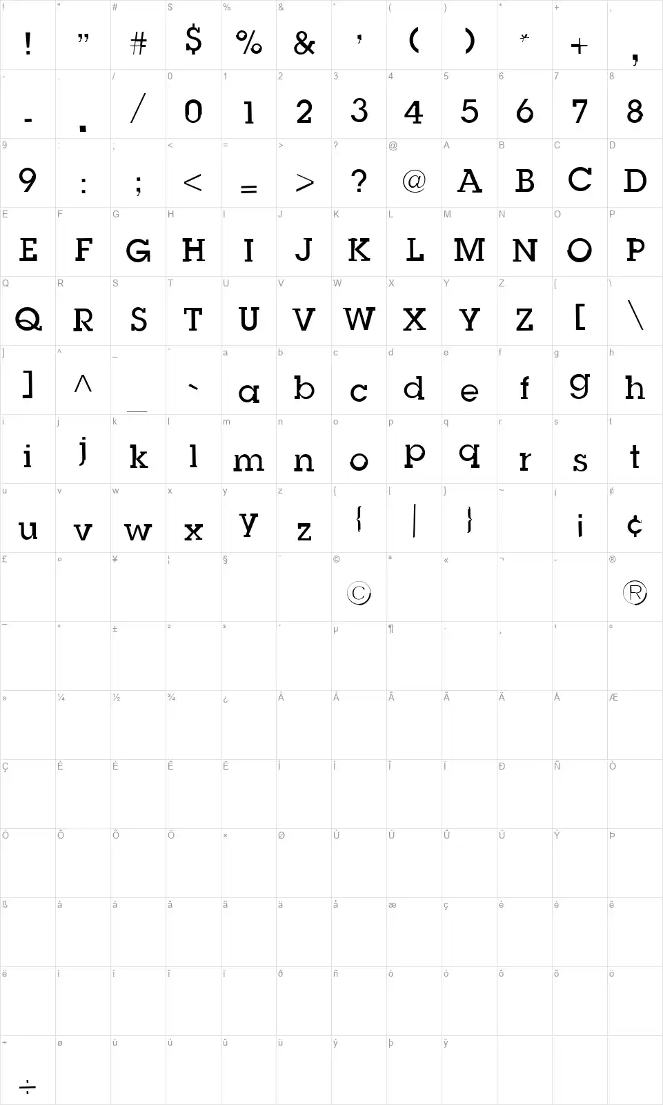 Slug Bugfont character map