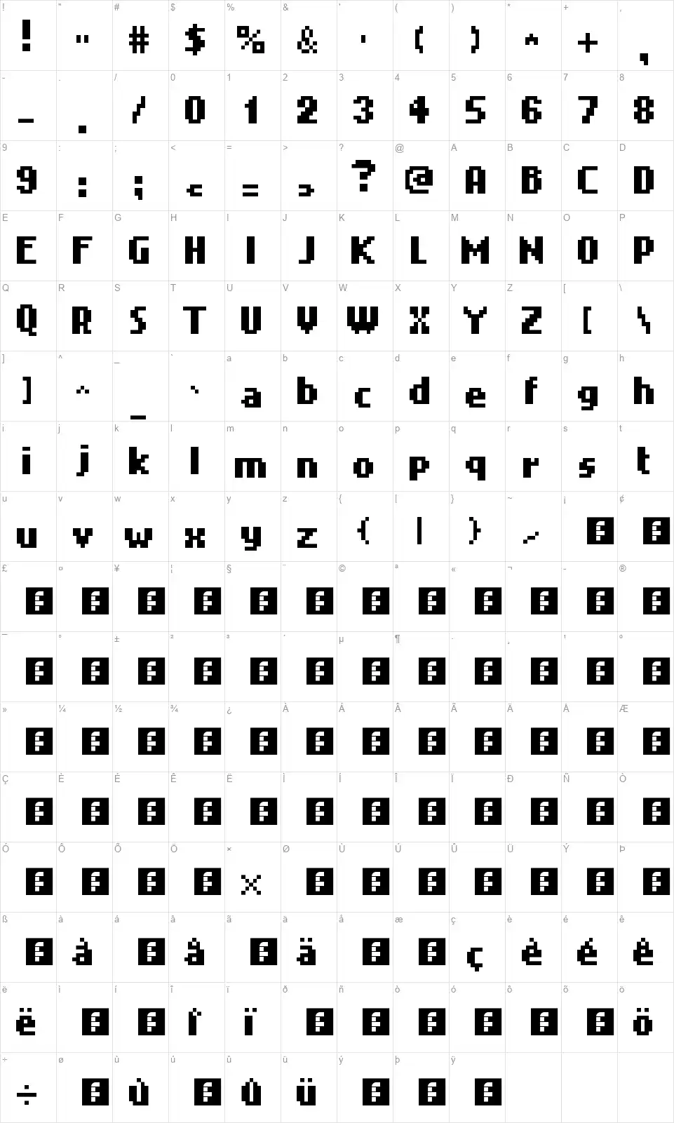 Snakeboldfont character map