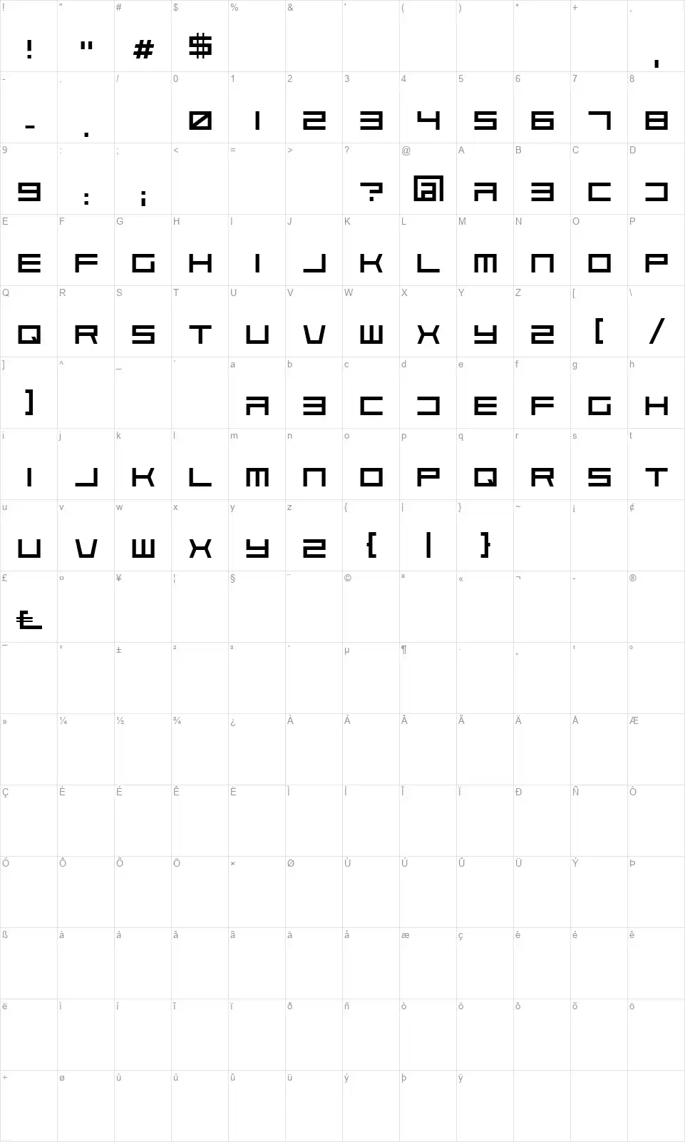 Solariafont character map