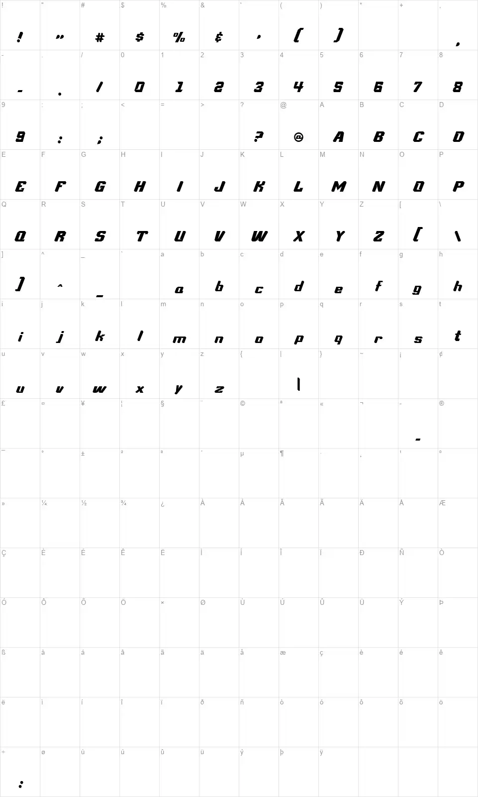 Solvastfont character map