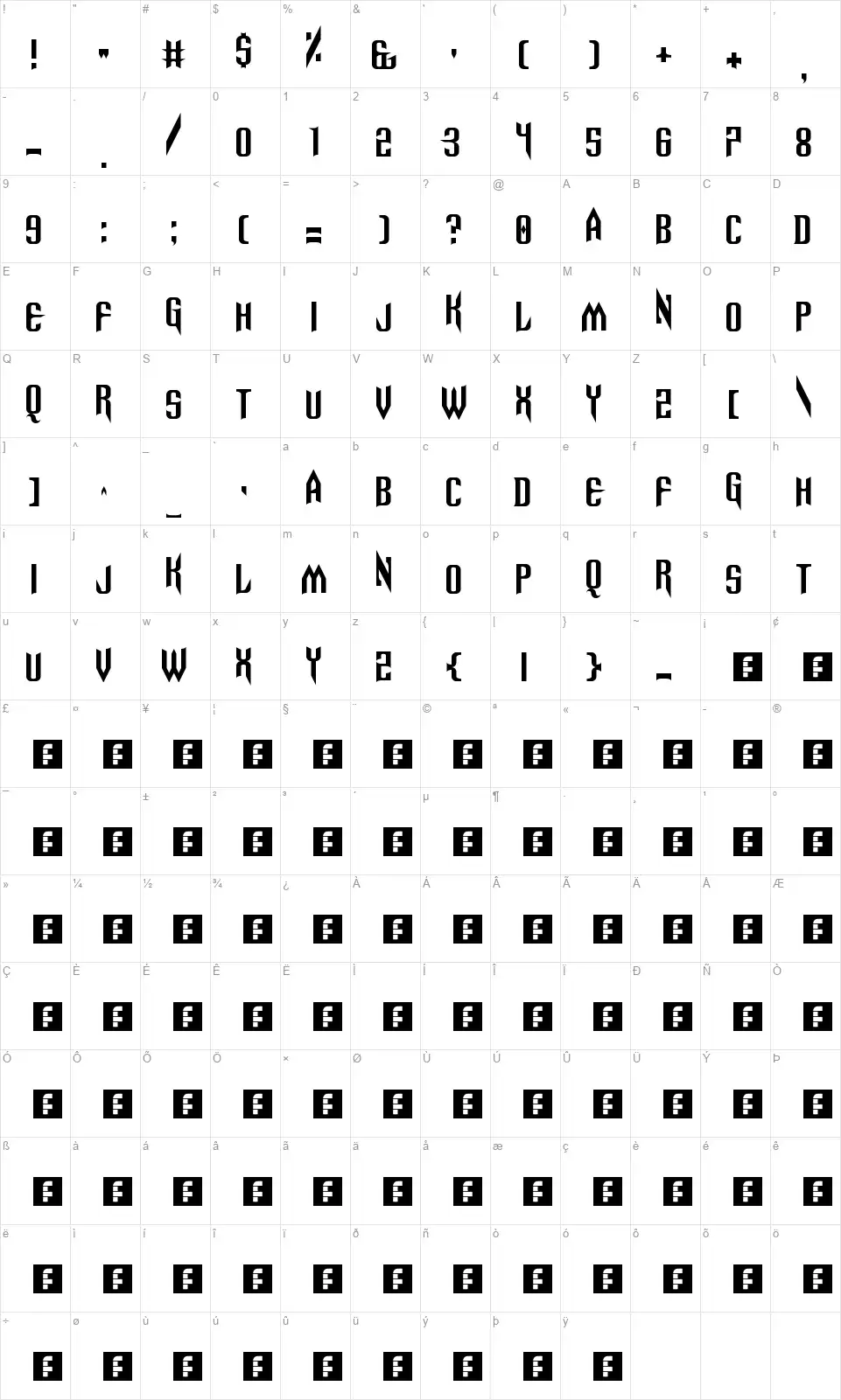 Spinebitingfont character map