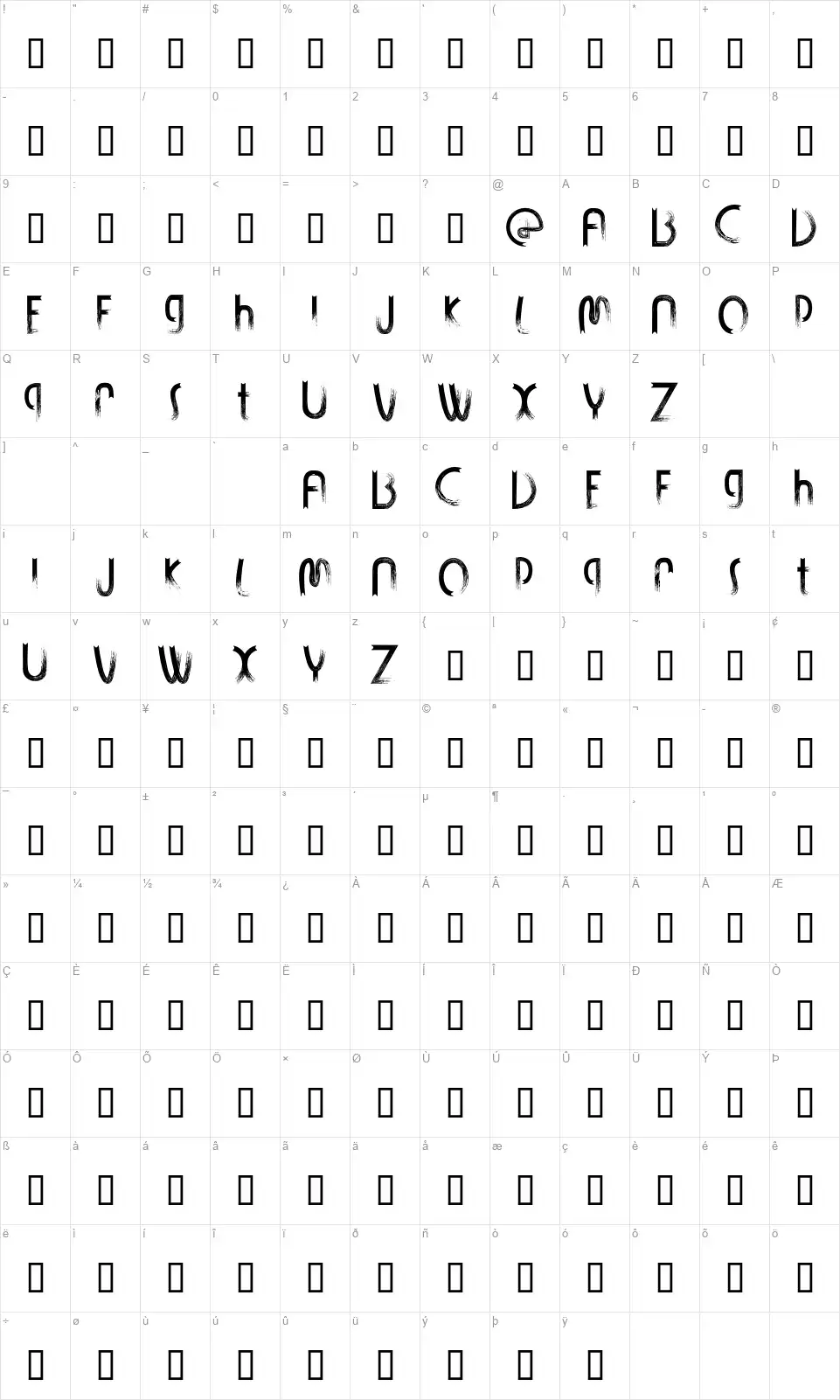 Strokinfont character map