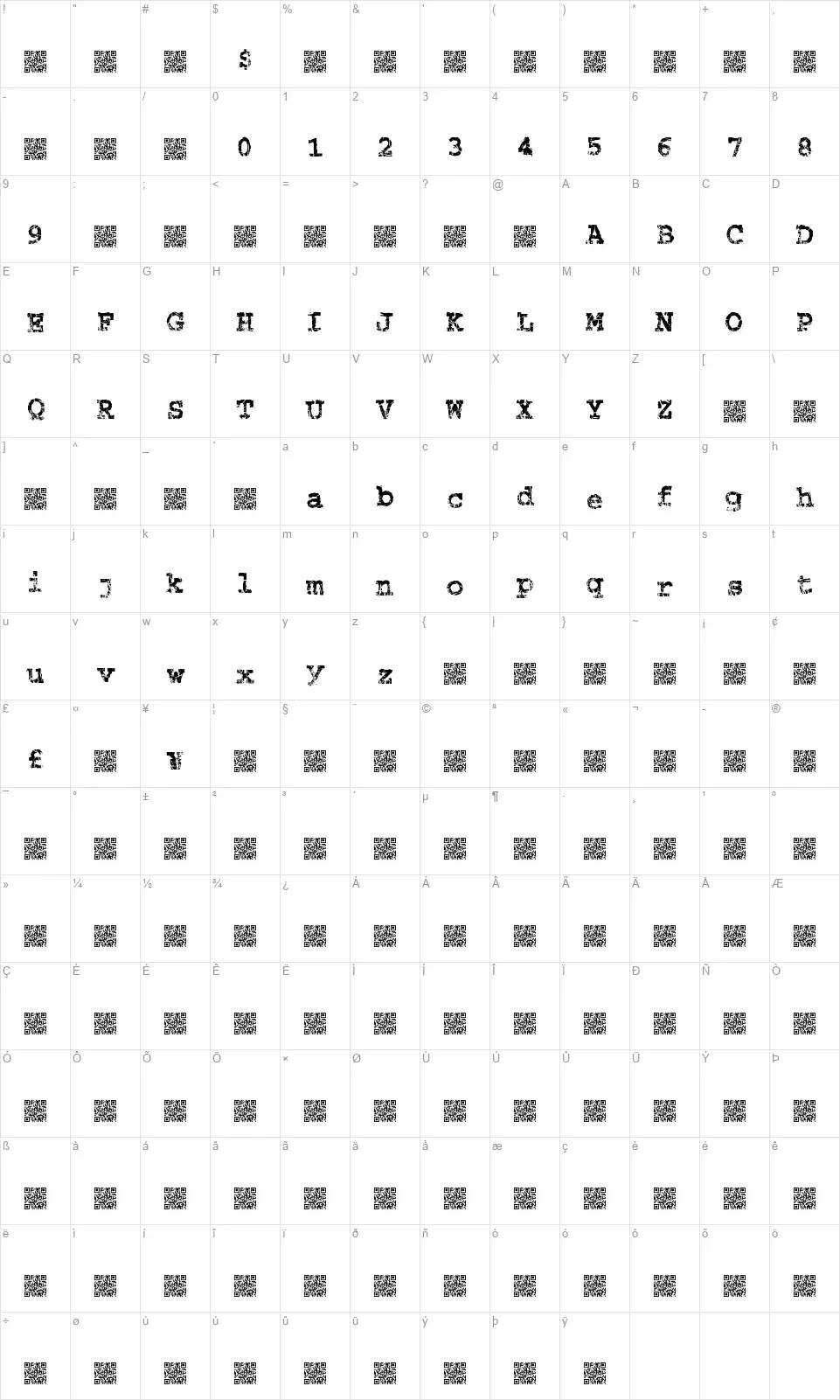 Strung Pianofont character map