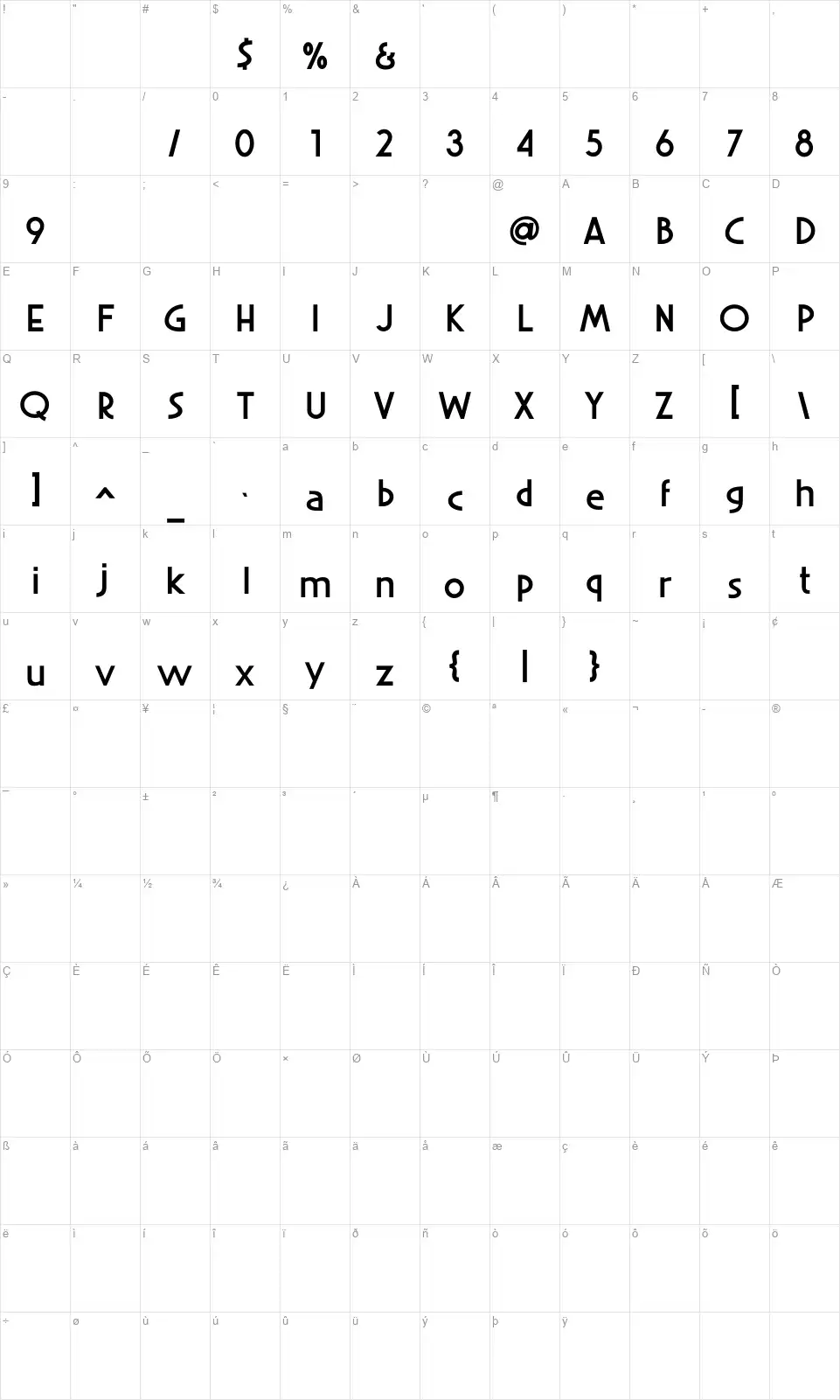 Sunbeamfont character map