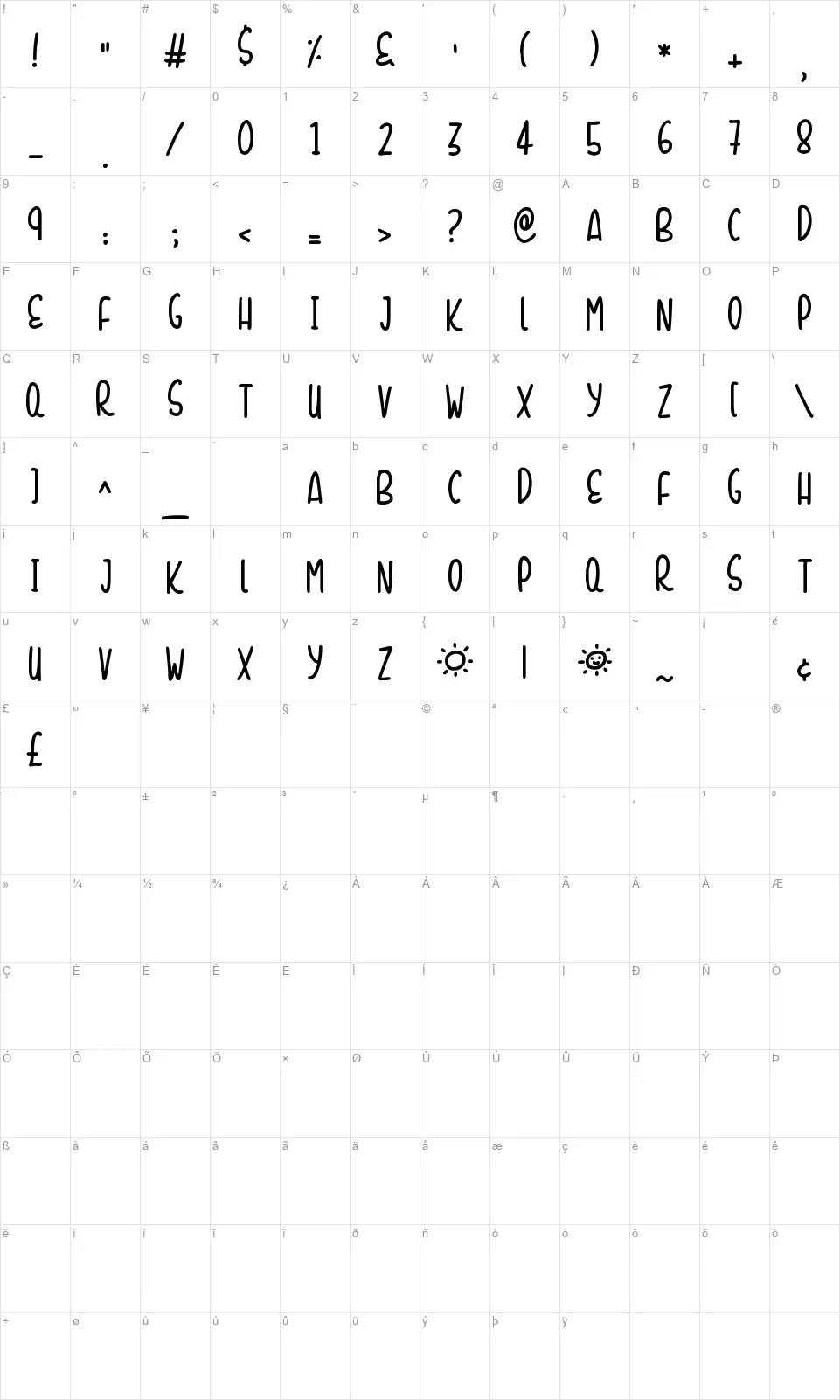 Sunshine Smilesfont character map