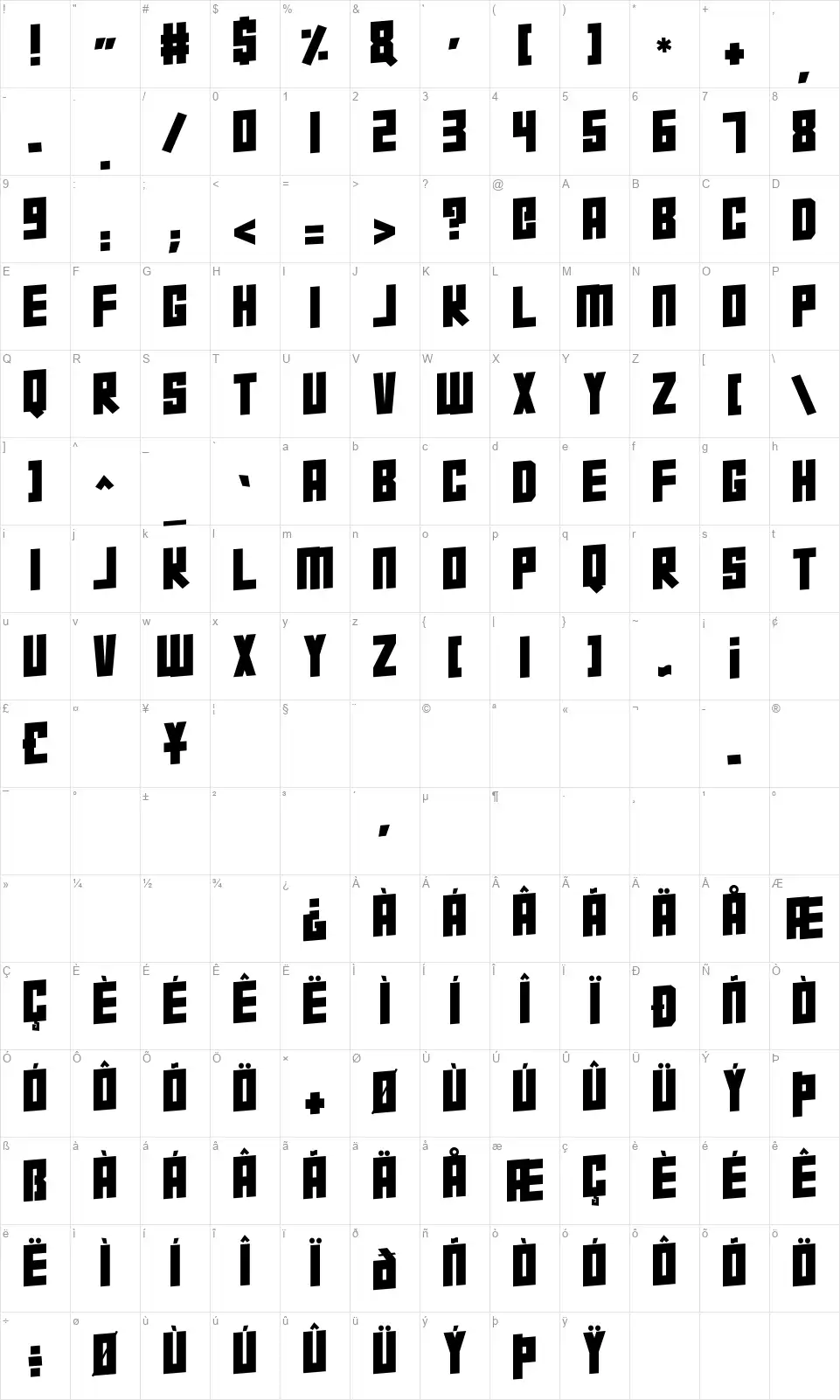Super Squadfont character map