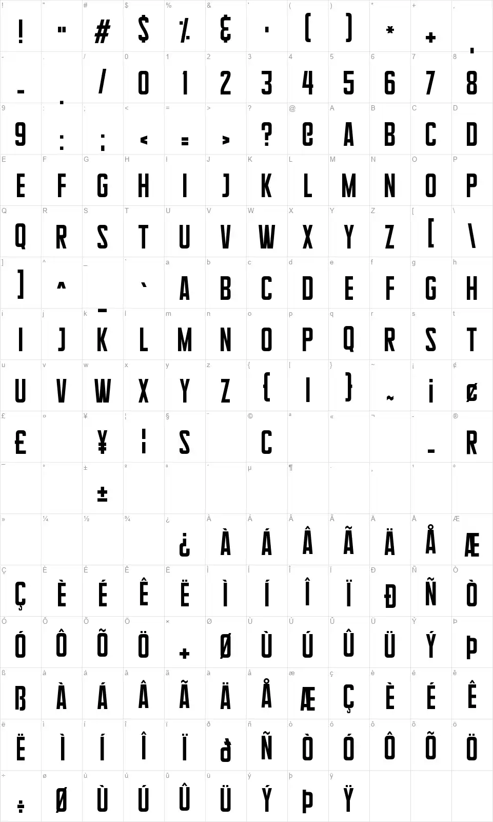 Supertallsfont character map