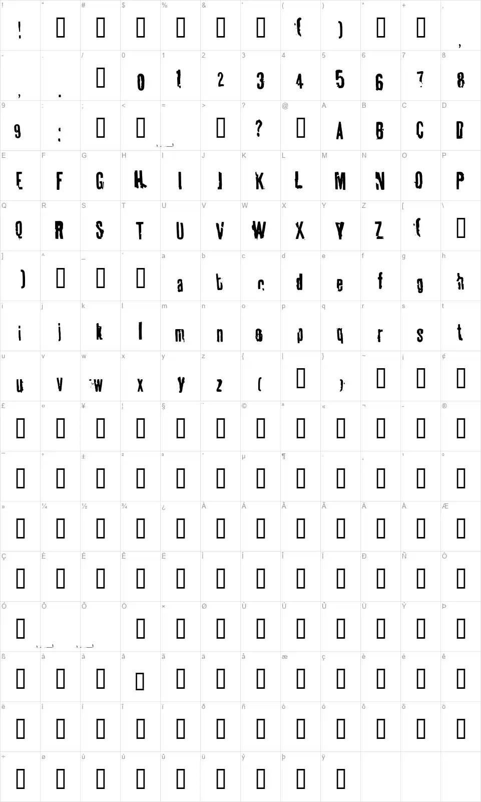 Tablhoidefont character map