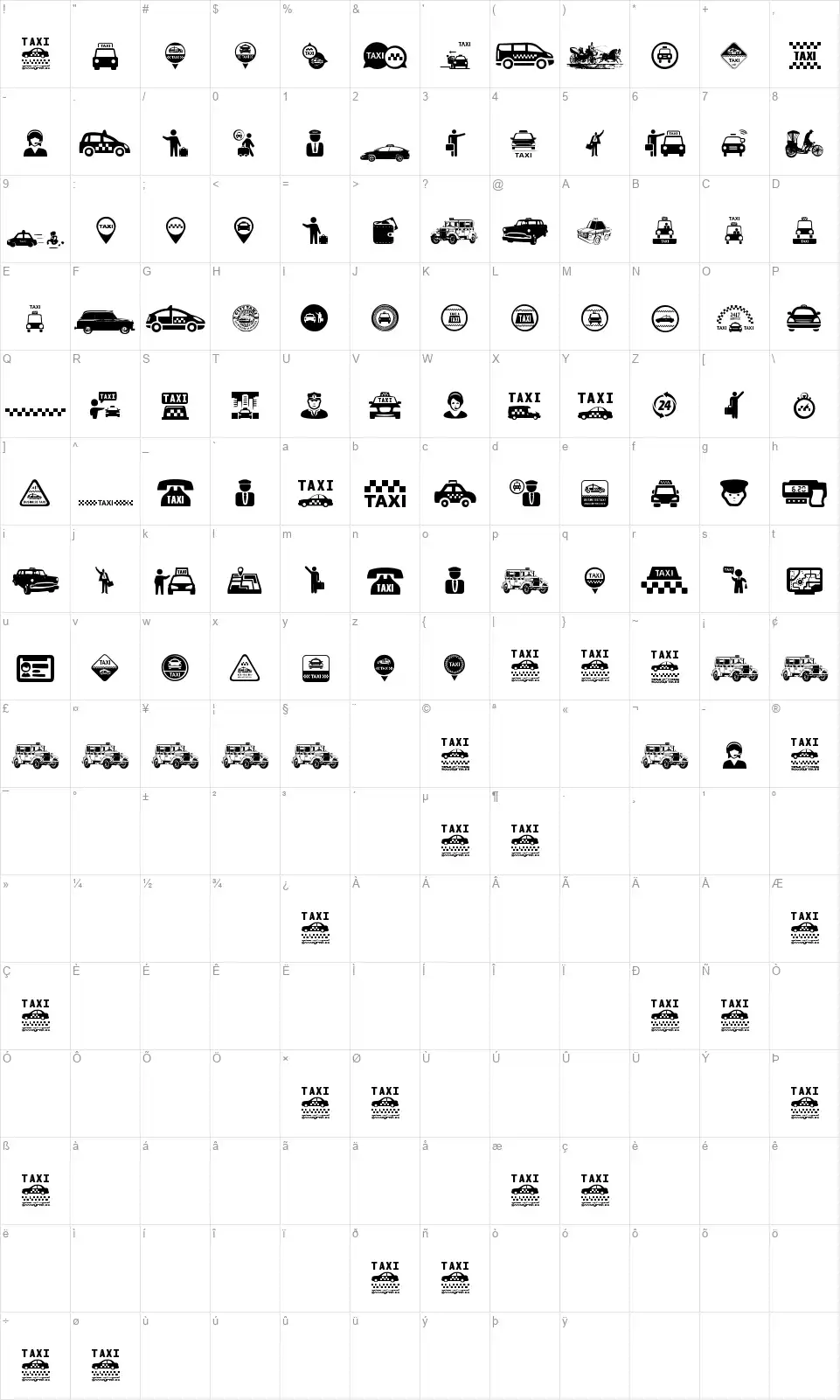 Taxifont character map