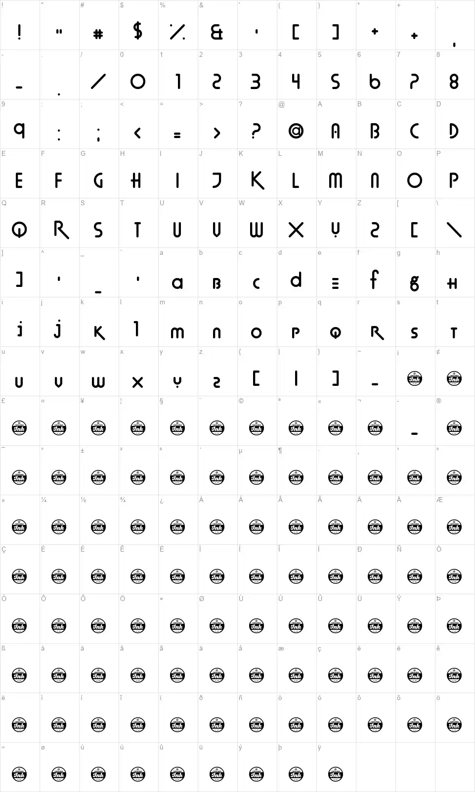 Techno Agonyfont character map