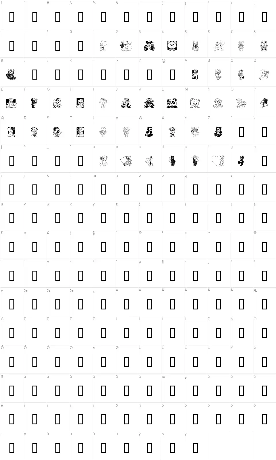 Teddyberfont character map