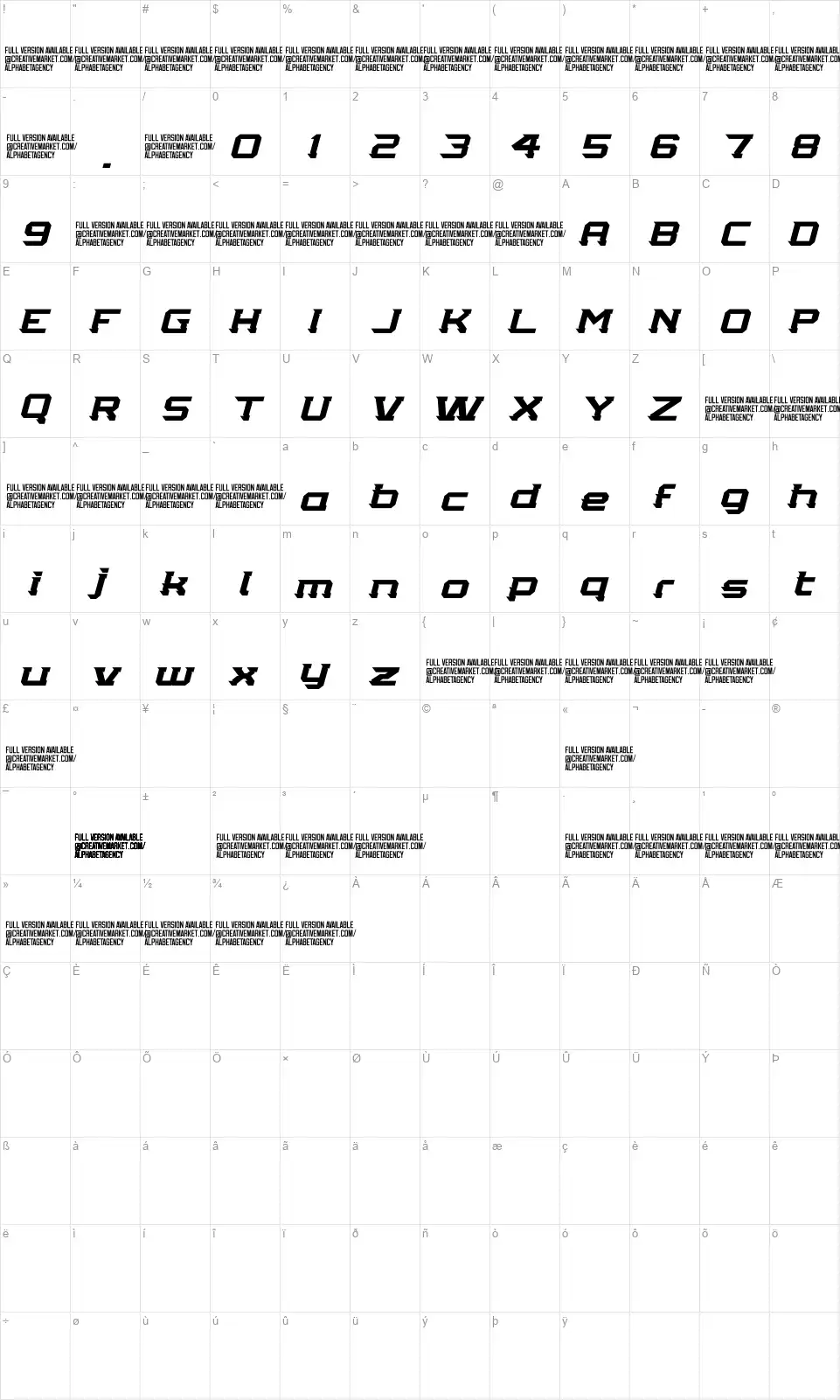 Tekkersfont character map