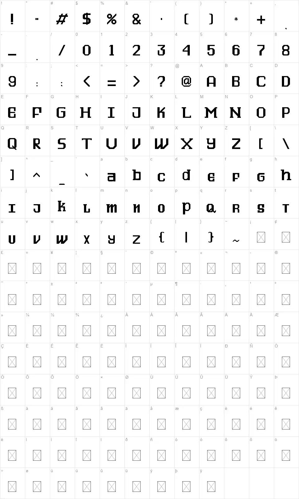 The Futienfont character map