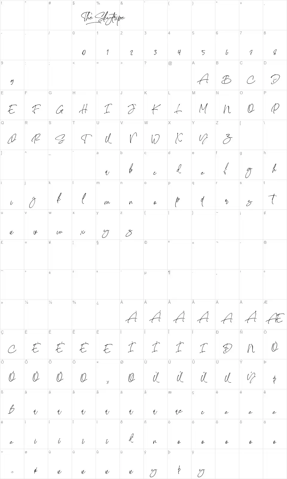 The Skytripefont character map