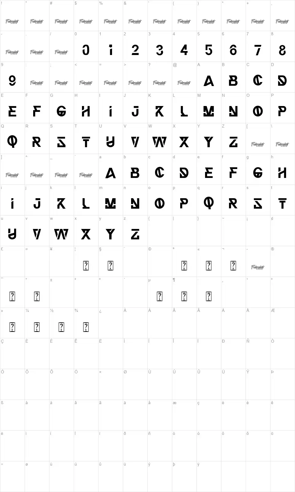 Thunder Blackfont character map