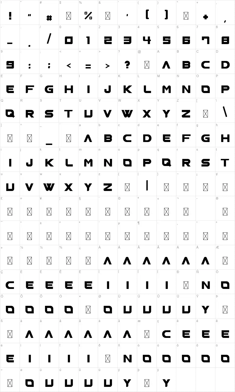 Titanfont character map