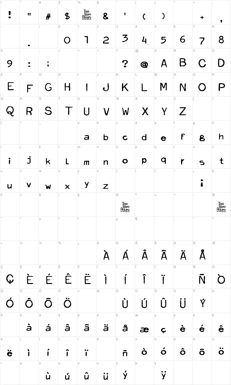 Tito Yayo Rulesfont character map