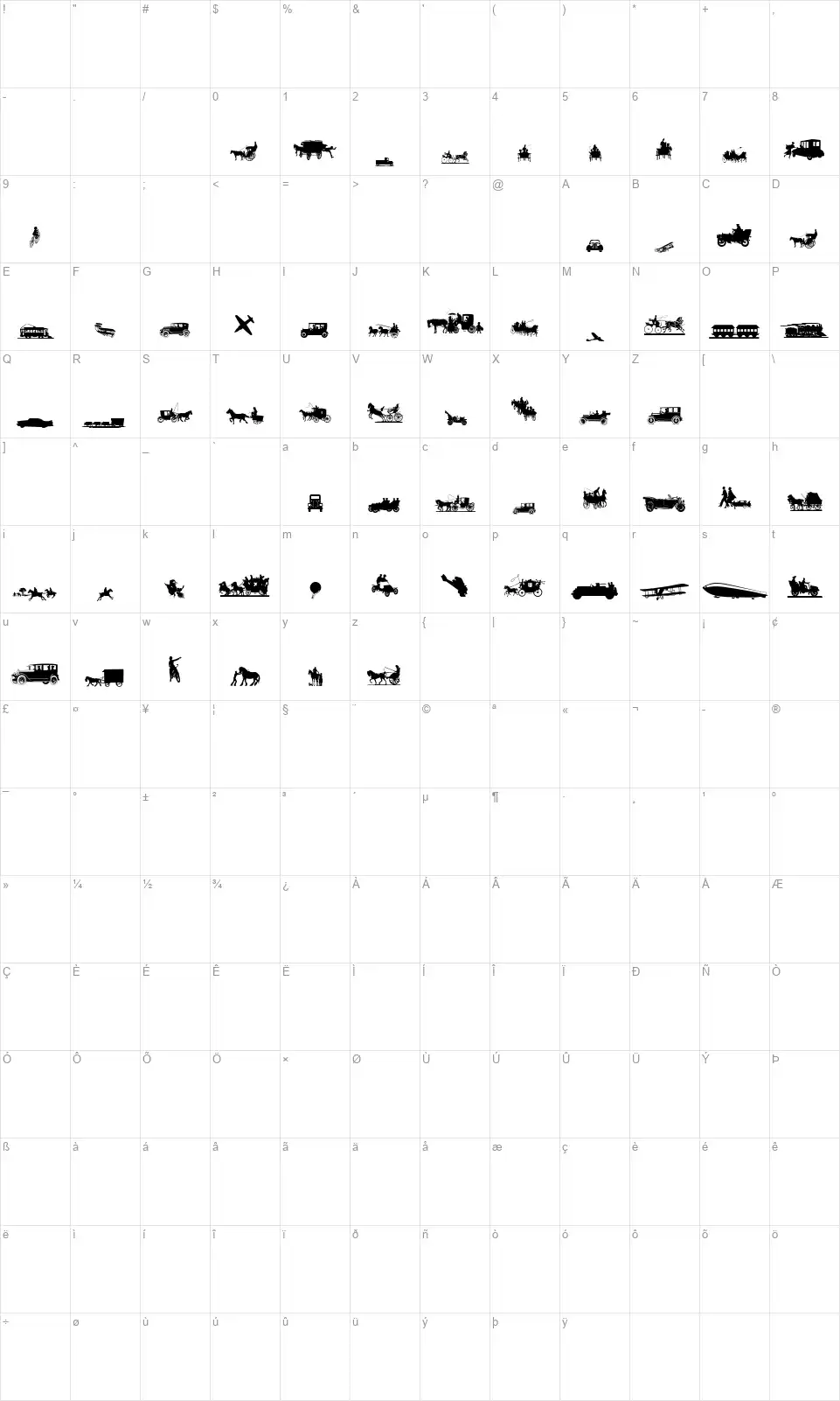 Transportation Dingsfont character map