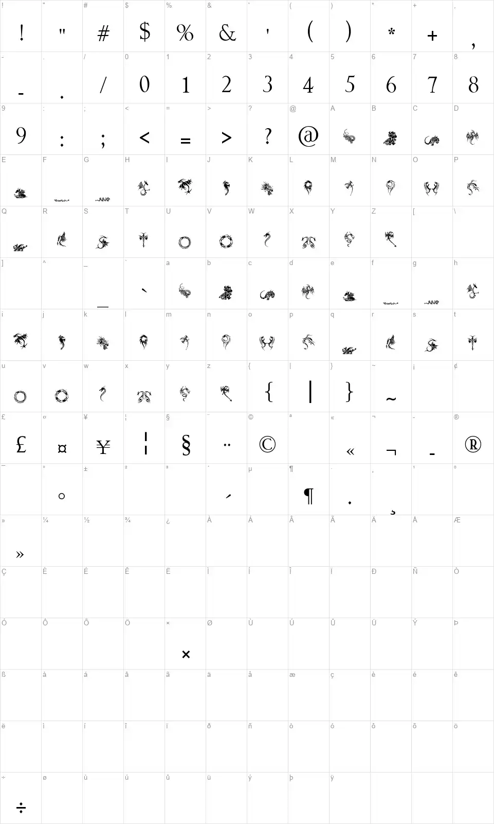 Tribal Dragons Tattoo Designsfont character map